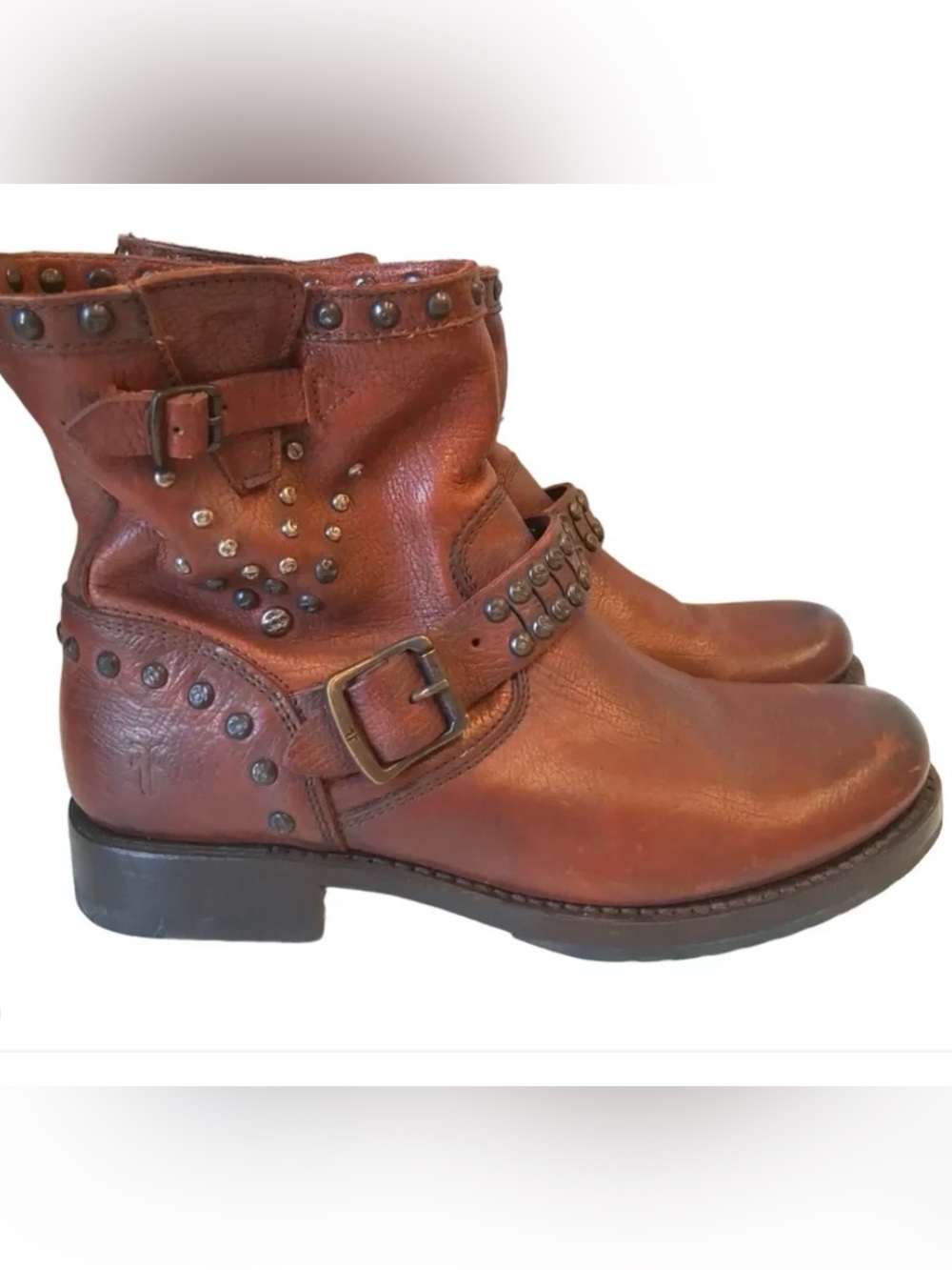 Frye Veronica cognac leather moto boots. Size 8